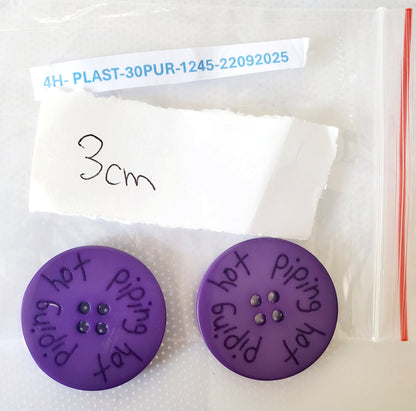 Large 'Piping Hot' Purple 4-Holed Buttons, Round, Size 30mm 3.0cm, Plastic QTY 2