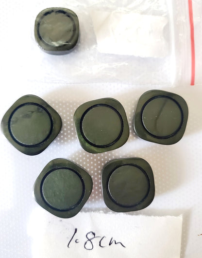 Vintage Shank Buttons, Olive Green, Rounded Square, Size 1.8cm (x5) and 1.5cm (x1)