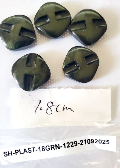 Vintage Shank Buttons, Olive Green, Rounded Square, Size 1.8cm (x5) and 1.5cm (x1)