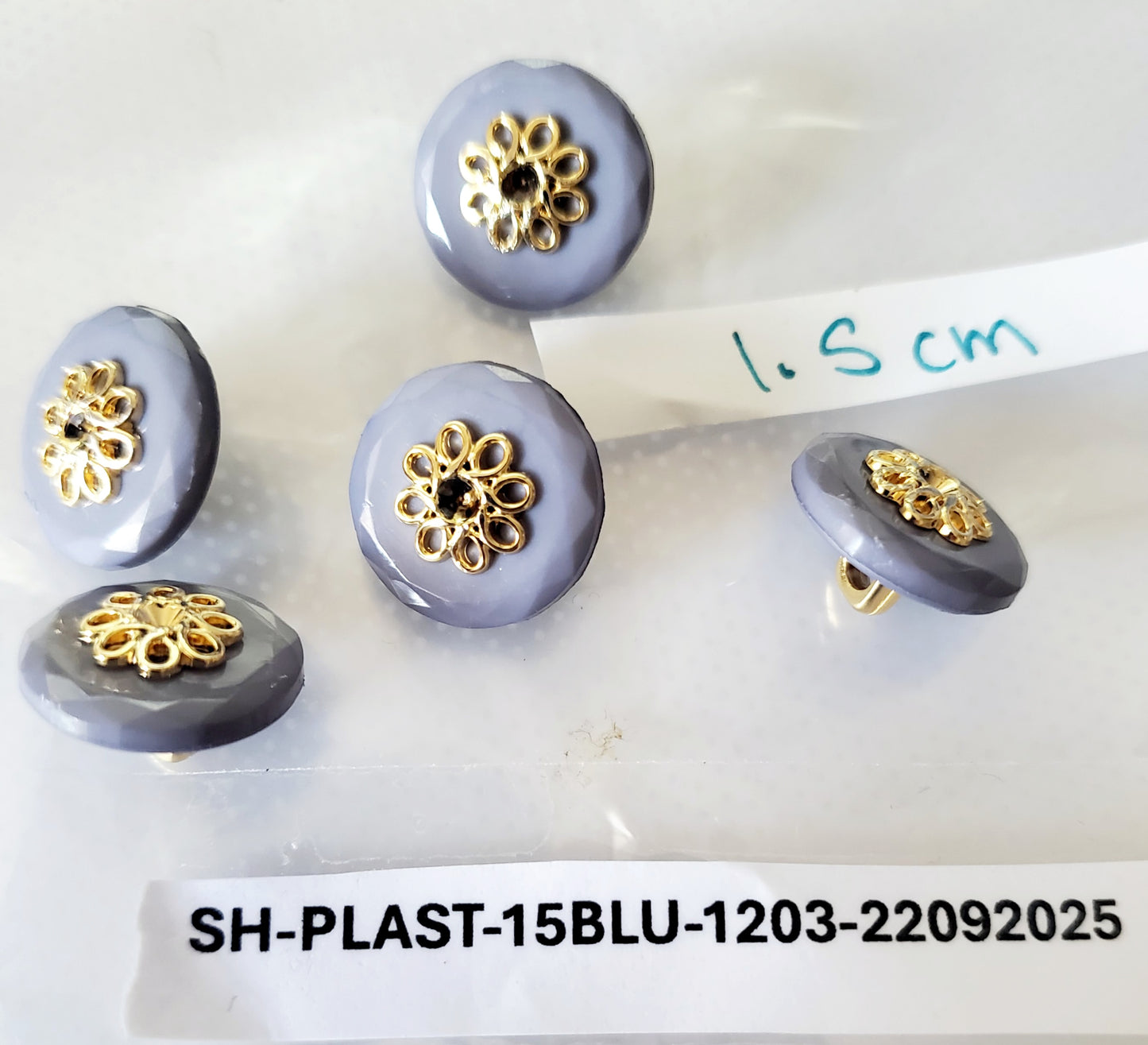 Blue Shank Buttons with Gold Colour Metal Filigree, Round, Size 15mm 1.5cm, QTY 5