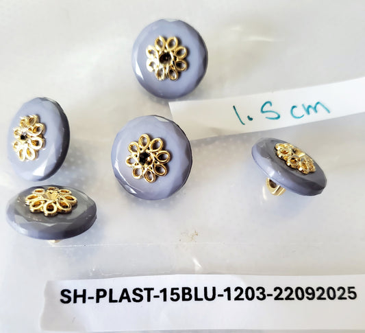 Blue Shank Buttons with Gold Colour Metal Filigree, Round, Size 15mm 1.5cm, QTY 5