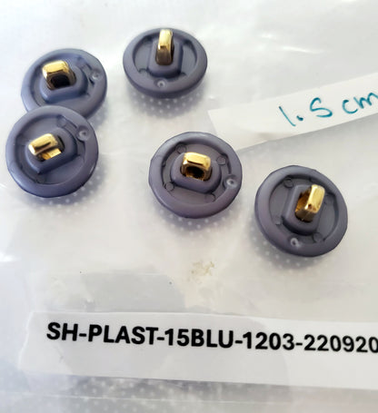 Blue Shank Buttons with Gold Colour Metal Filigree, Round, Size 15mm 1.5cm, QTY 5