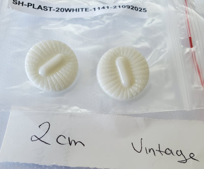 White, Round, Shank Buttons with Raised Design, Size 20mm 2cm Plastic QTY 2