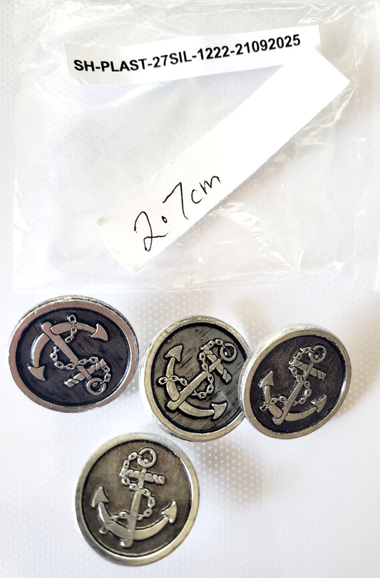 Large Black & Silver Coloured, Faux Metal Round Shank Buttons, Anchor Raised Image, Sea, Ships, Sailor  Theme, Size 27mm, 2.7cm, Plastic QTY 4