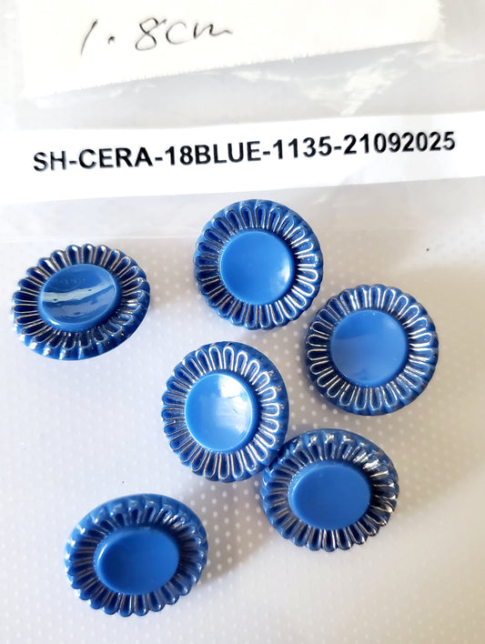 Shank Buttons, Blue, Round Flower, Size 18mm, 1.8cm, Vintage, Porcelain, QTY 6