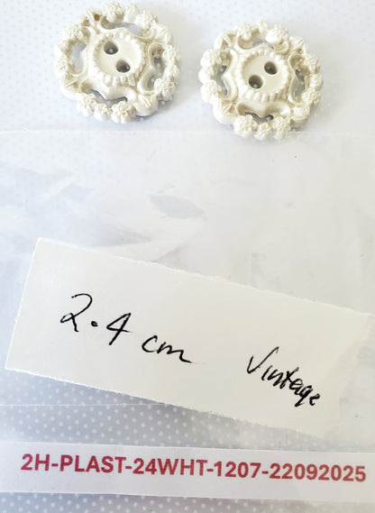 Off White, Cream Vintage, Round, 2-Holed Buttons, Size 24mm, 2.4cm, Plastic QTY 2