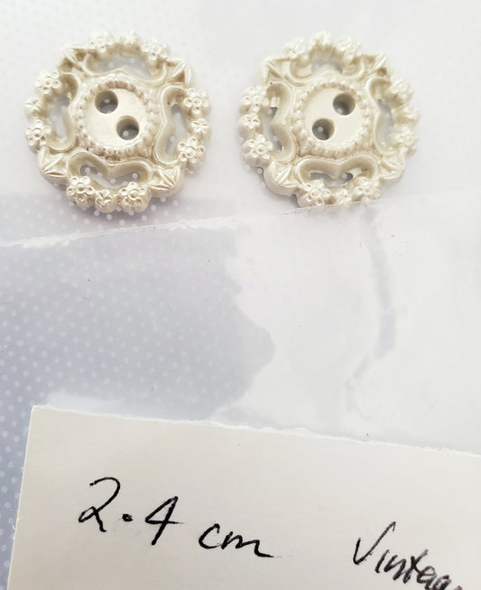 Off White, Cream Vintage, Round, 2-Holed Buttons, Size 24mm, 2.4cm, Plastic QTY 2