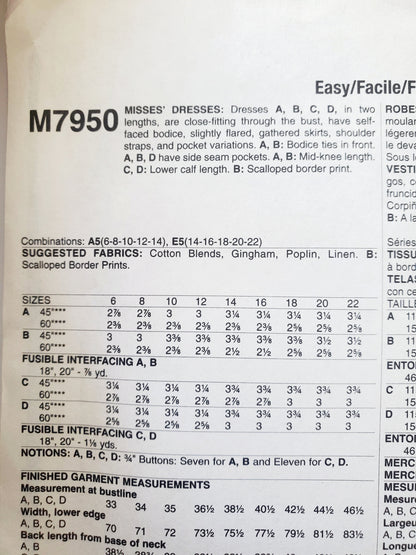 MCCALLS Sewing Pattern M7950 Summer Dresses with Keyholes, Fabric Tie, Buttoned Dress, Size 6-14