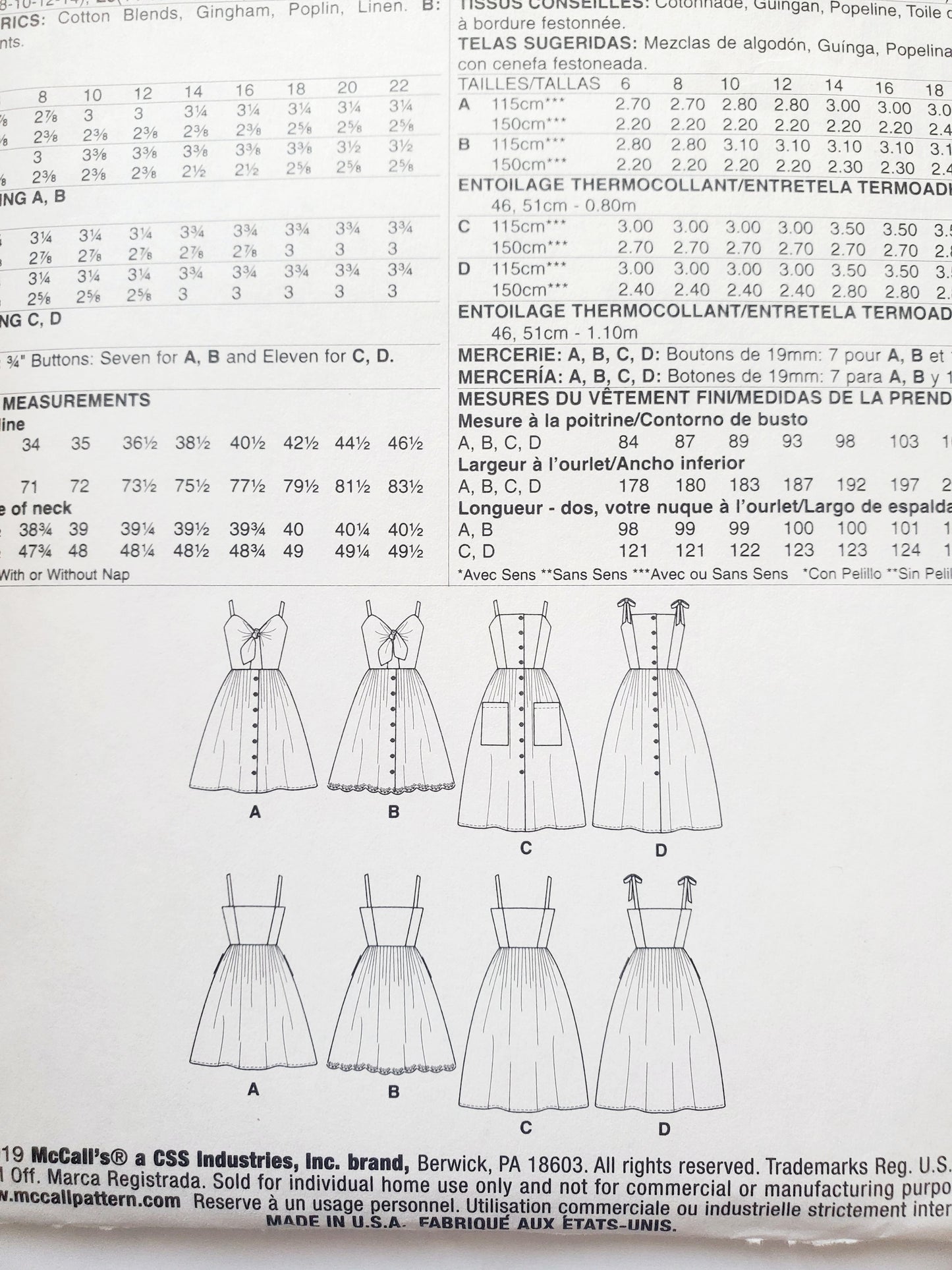 MCCALLS Sewing Pattern M7950 Summer Dresses with Keyholes, Fabric Tie, Buttoned Dress, Size 6-14