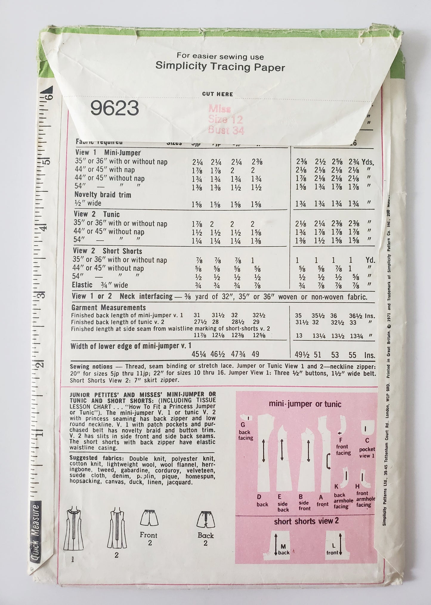 SIMPLICITY Sewing Pattern 9623, Junior Petites & Misses Mini-Jumper or Tunic and 70's Short-Shorts Size 12
