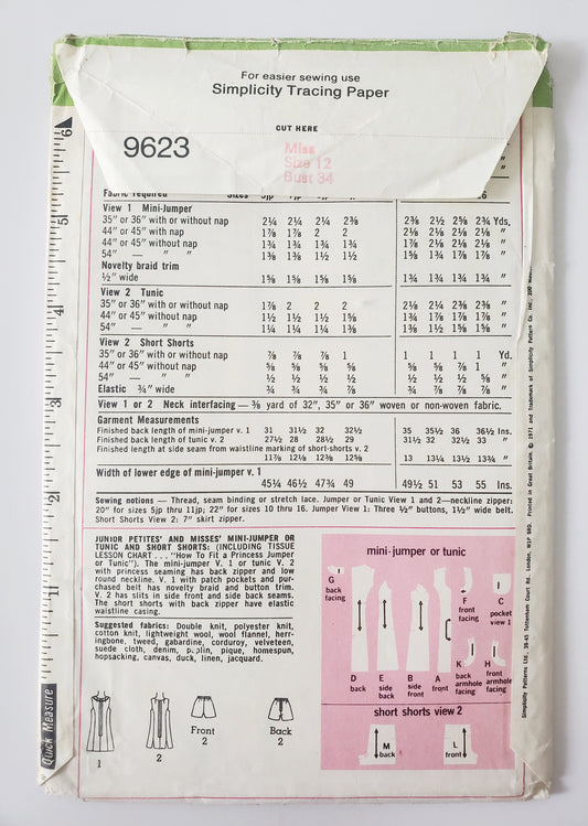 SIMPLICITY Sewing Pattern 9623, Junior Petites & Misses Mini-Jumper or Tunic and 70's Short-Shorts Size 12