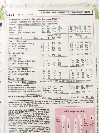 SIMPLICITY Sewing Pattern 9623, Junior Petites & Misses Mini-Jumper or Tunic and 70's Short-Shorts Size 12