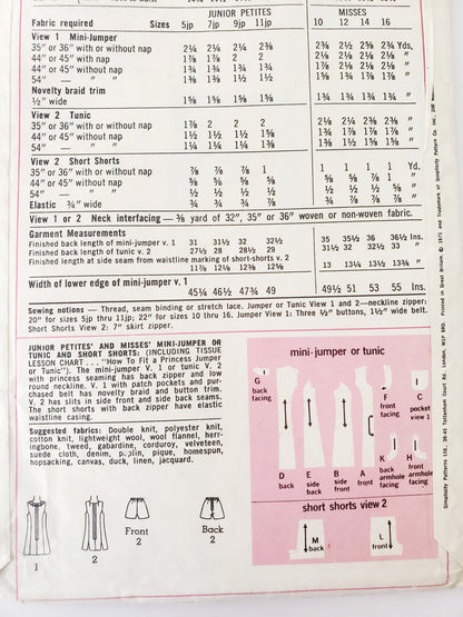 SIMPLICITY Sewing Pattern 9623, Junior Petites & Misses Mini-Jumper or Tunic and 70's Short-Shorts Size 12