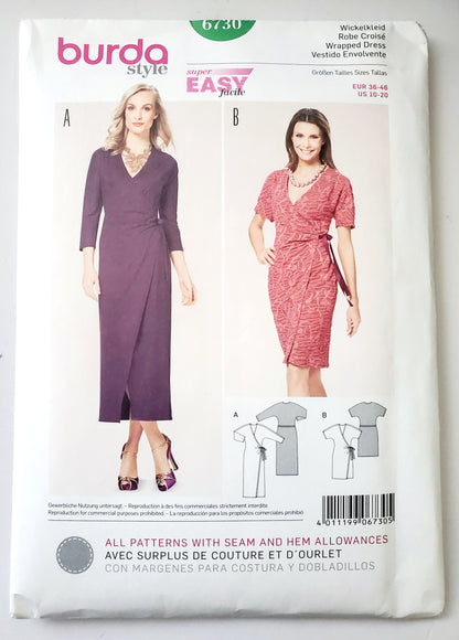 BURDA STYLE, Sewing Pattern 6730, Wrap Dress, Two Length Variations, Size 10-20