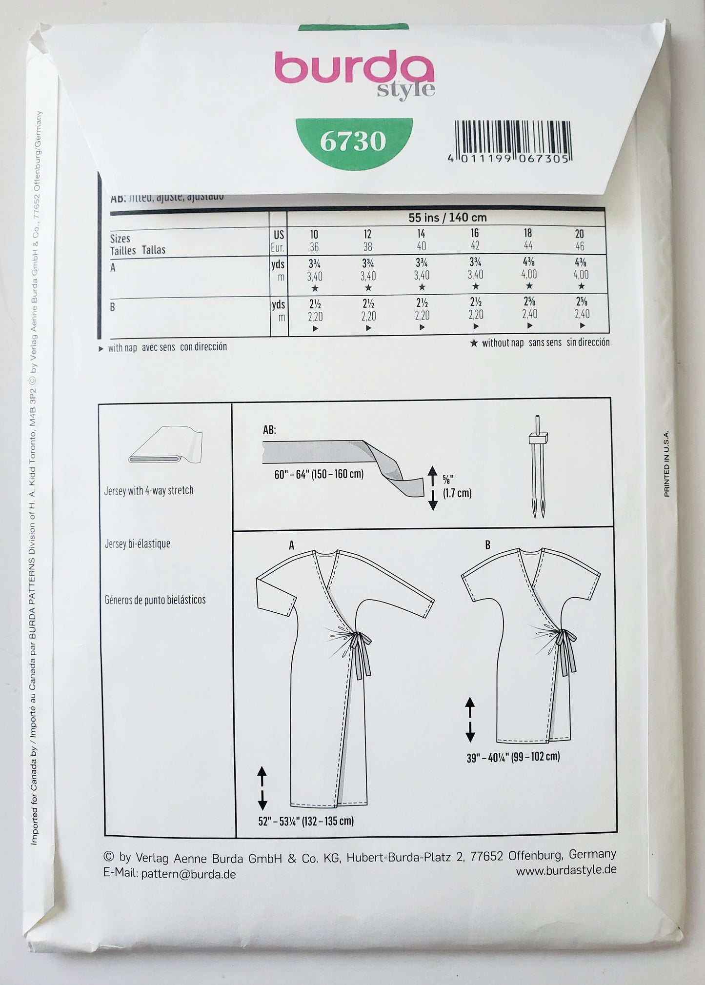 BURDA STYLE, Sewing Pattern 6730, Wrap Dress, Two Length Variations, Size 10-20