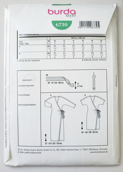 BURDA STYLE, Sewing Pattern 6730, Wrap Dress, Two Length Variations, Size 10-20