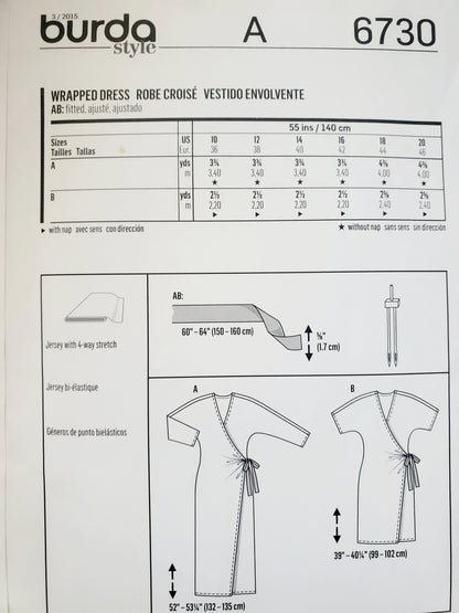 BURDA STYLE, Sewing Pattern 6730, Wrap Dress, Two Length Variations, Size 10-20