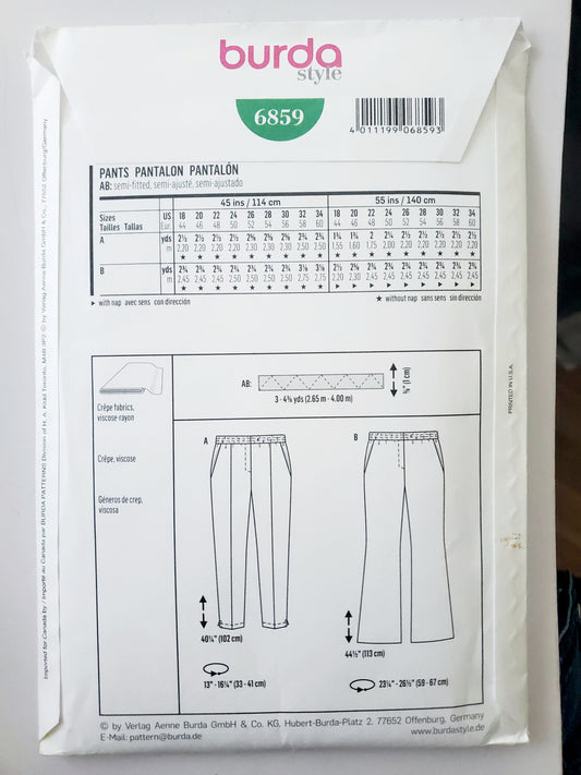 BURDA STYLE, Sewing Pattern 6859, Pants, Straight Legged Pants, Flared Pants, Size 18-34
