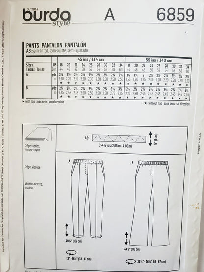 BURDA STYLE, Sewing Pattern 6859, Pants, Straight Legged Pants, Flared Pants, Size 18-34