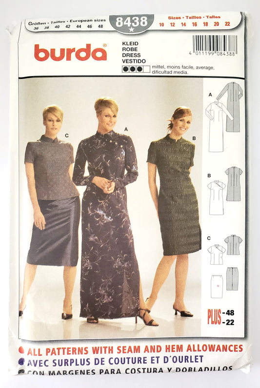 BURDA, Sewing Pattern 8438, Dress, Skirt, Top, Stand-up Collar, Oriental, Size 10-22
