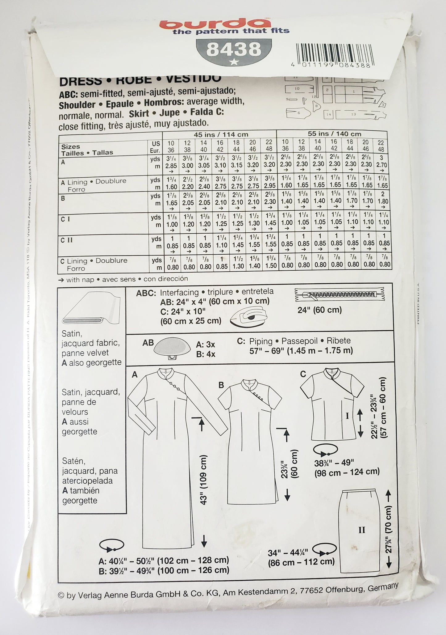 BURDA, Sewing Pattern 8438, Dress, Skirt, Top, Stand-up Collar, Oriental, Size 10-22
