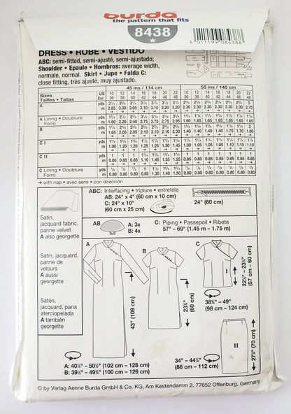 BURDA, Sewing Pattern 8438, Dress, Skirt, Top, Stand-up Collar, Oriental, Size 10-22