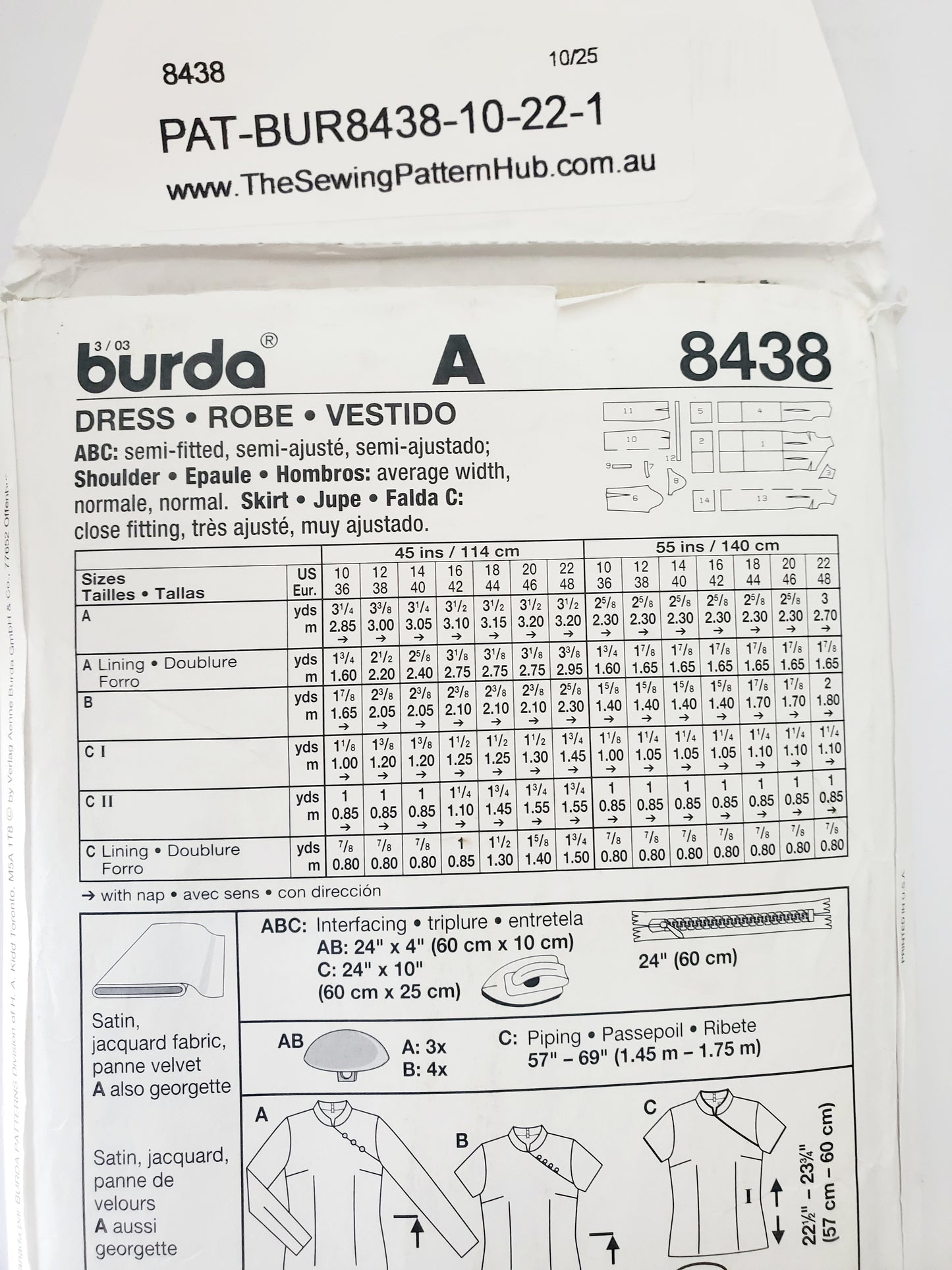 BURDA, Sewing Pattern 8438, Dress, Skirt, Top, Stand-up Collar, Oriental, Size 10-22