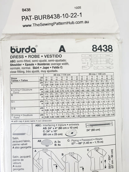 BURDA, Sewing Pattern 8438, Dress, Skirt, Top, Stand-up Collar, Oriental, Size 10-22