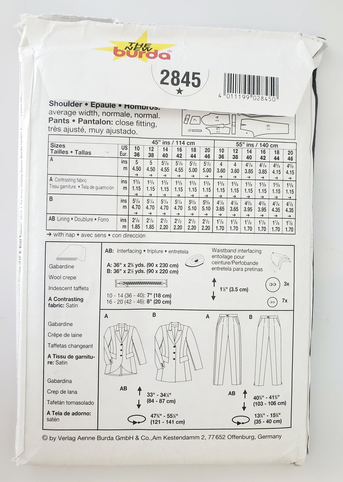 BURDA, Sewing Pattern 2845, Pants, Jackets, Jacket with Uneven Hem, Size 10-20
