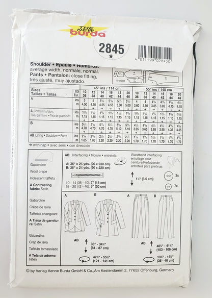 BURDA, Sewing Pattern 2845, Pants, Jackets, Jacket with Uneven Hem, Size 10-20