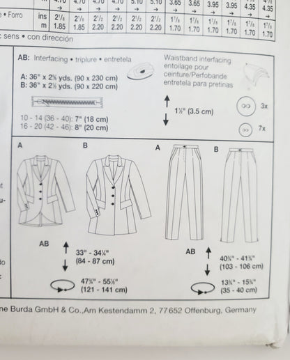 BURDA, Sewing Pattern 2845, Pants, Jackets, Jacket with Uneven Hem, Size 10-20