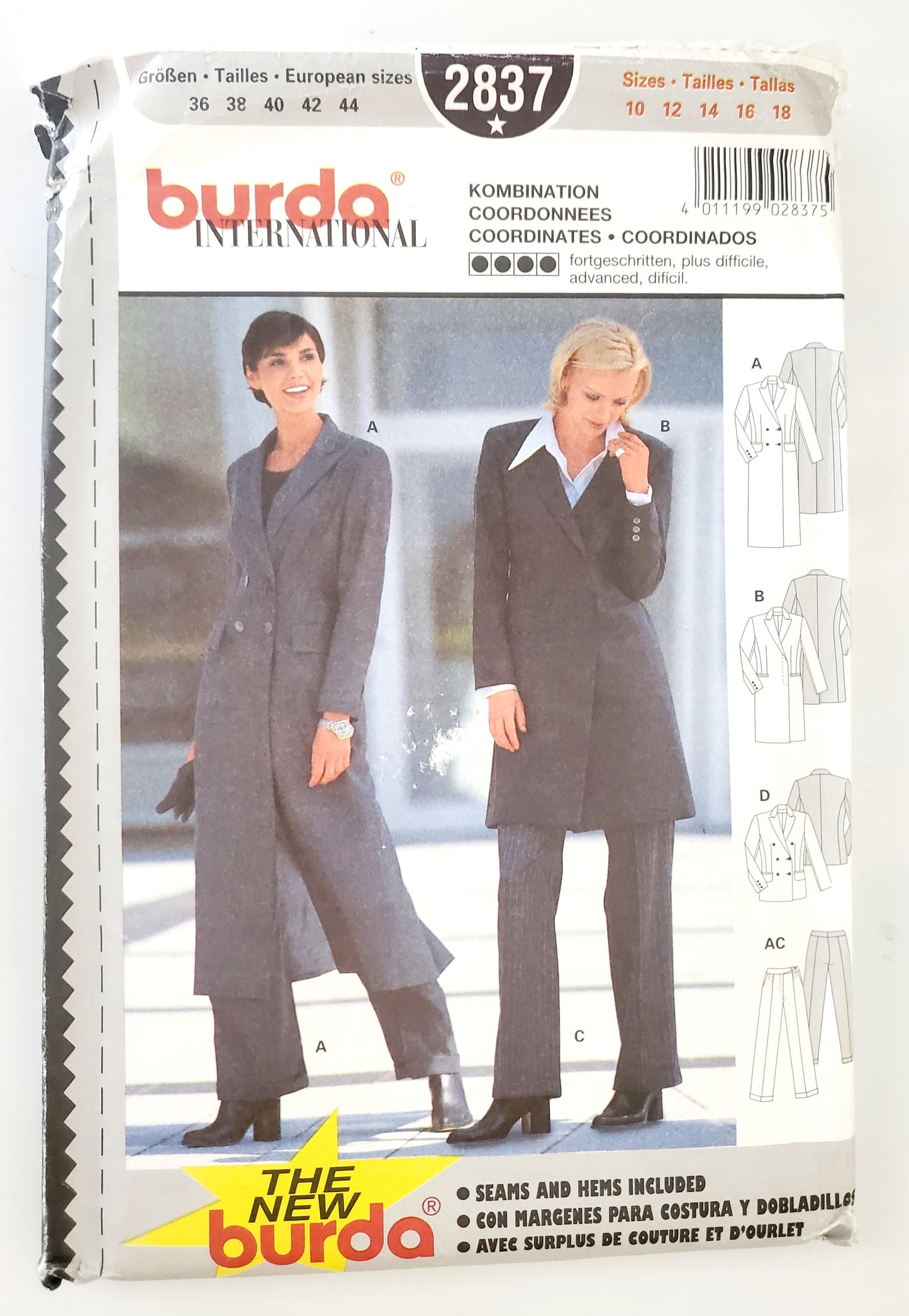 BURDA INTERNATIONAL, Sewing Pattern 2837, Pants, Jacket, Coat, Size 10-18