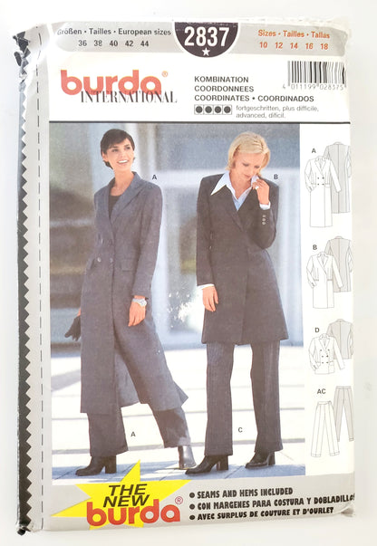 BURDA INTERNATIONAL, Sewing Pattern 2837, Pants, Jacket, Coat, Size 10-18