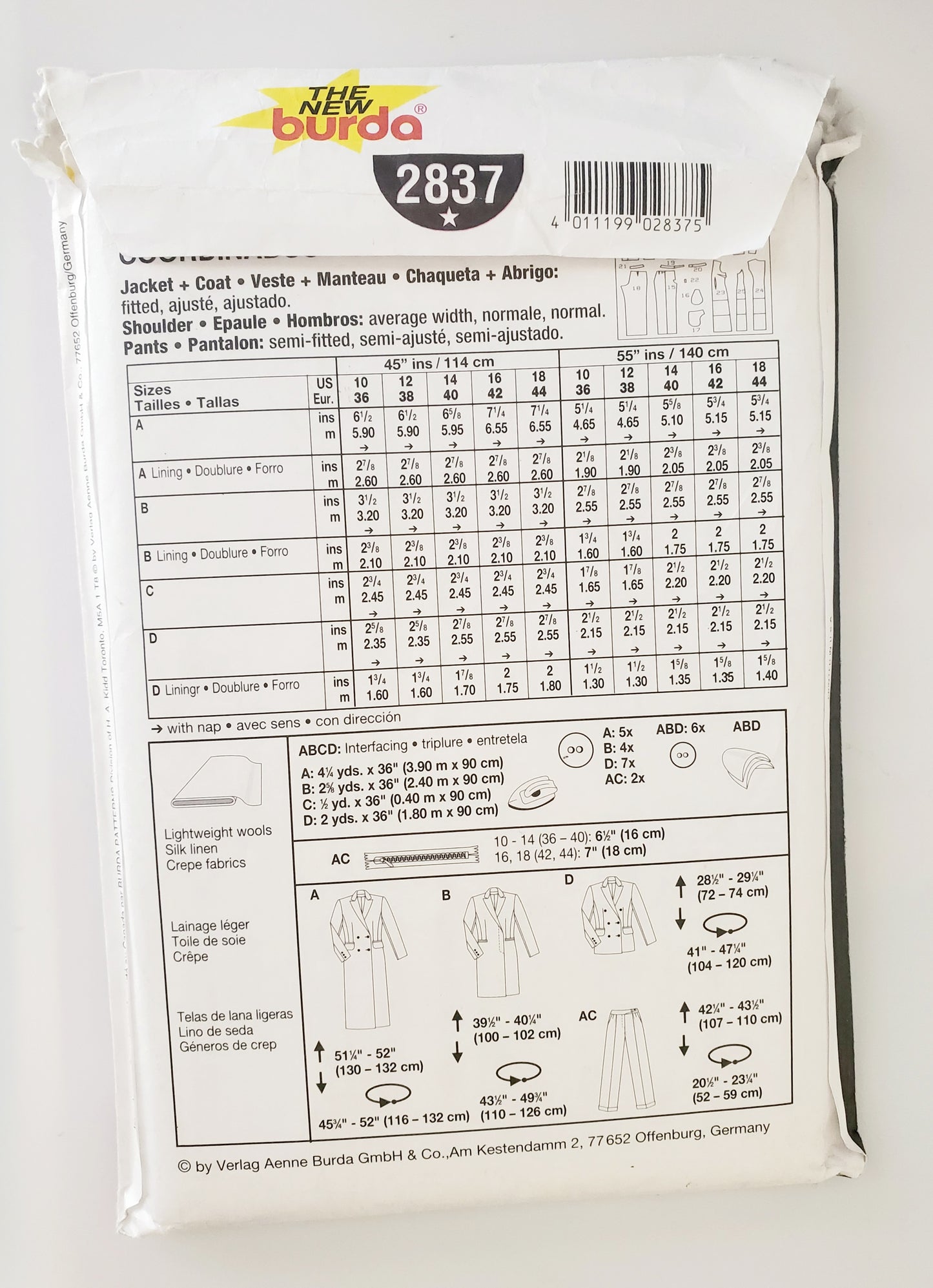BURDA INTERNATIONAL, Sewing Pattern 2837, Pants, Jacket, Coat, Size 10-18