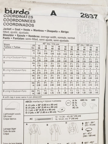 BURDA INTERNATIONAL, Sewing Pattern 2837, Pants, Jacket, Coat, Size 10-18