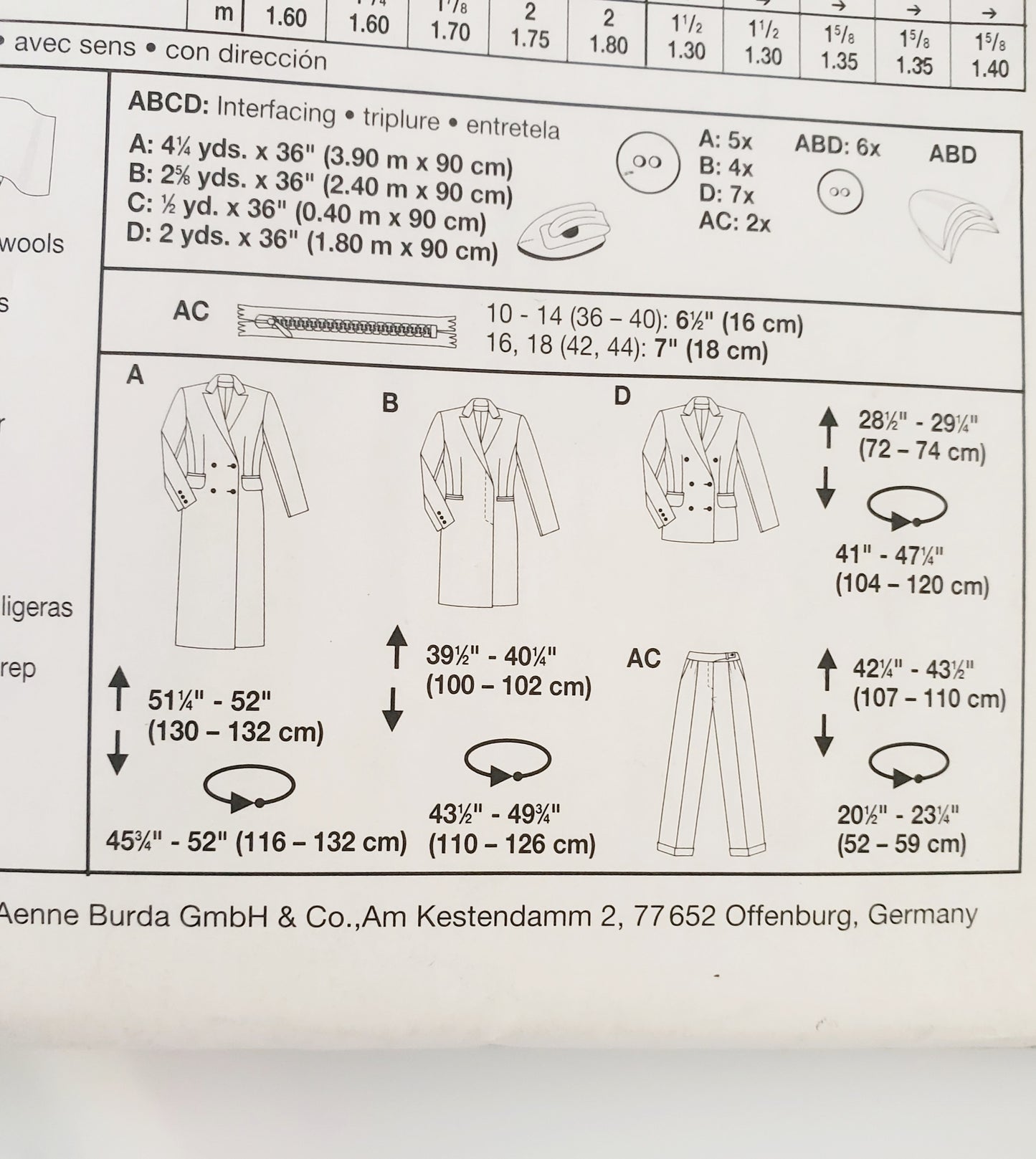 BURDA INTERNATIONAL, Sewing Pattern 2837, Pants, Jacket, Coat, Size 10-18
