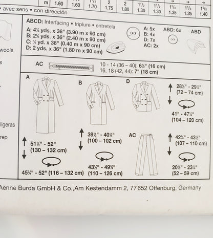 BURDA INTERNATIONAL, Sewing Pattern 2837, Pants, Jacket, Coat, Size 10-18