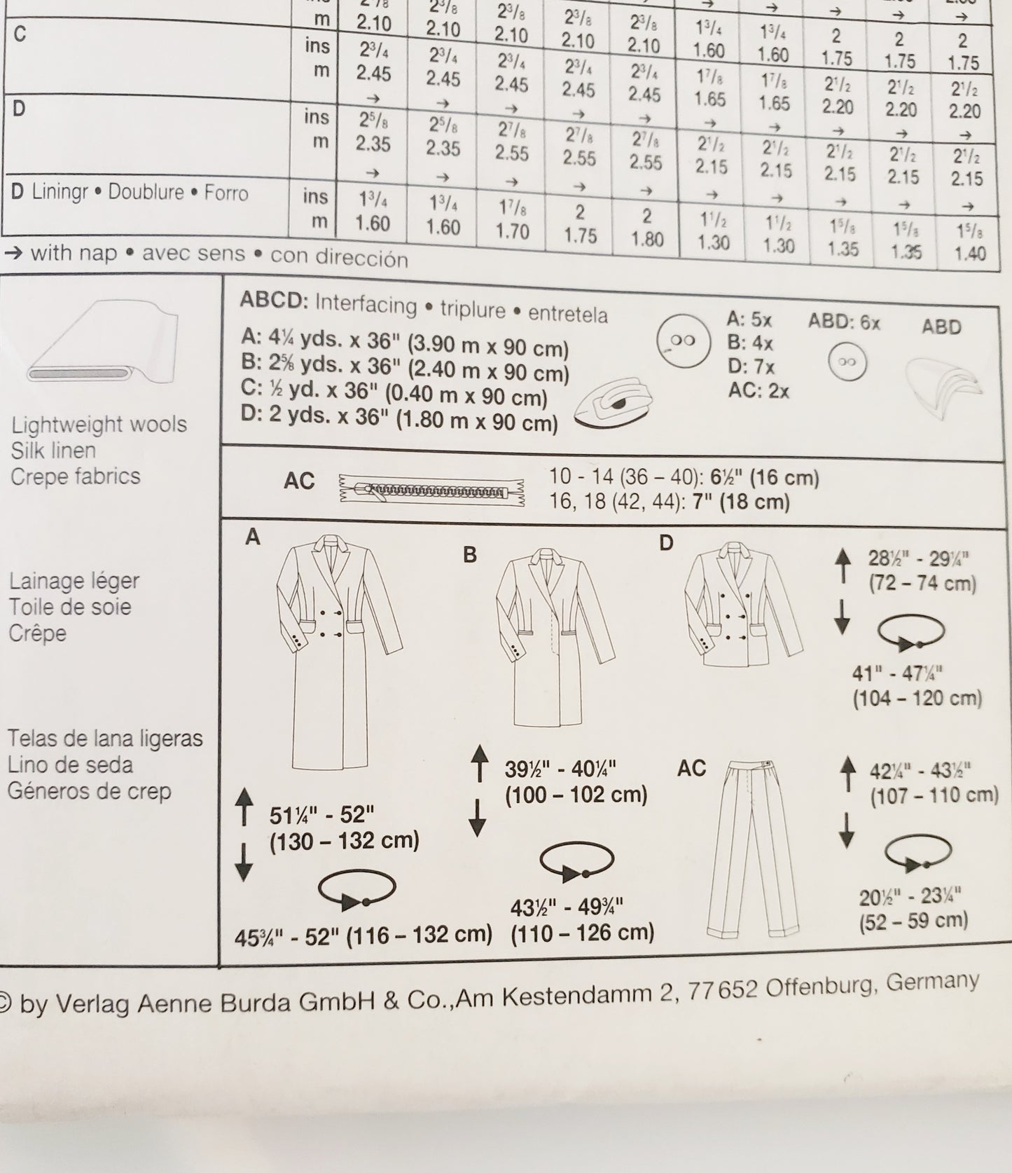 BURDA INTERNATIONAL, Sewing Pattern 2837, Pants, Jacket, Coat, Size 10-18
