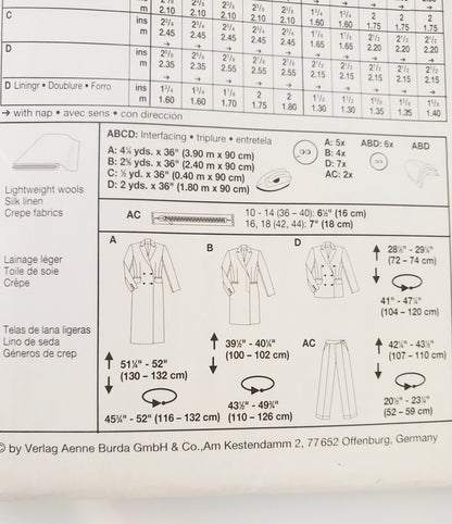 BURDA INTERNATIONAL, Sewing Pattern 2837, Pants, Jacket, Coat, Size 10-18