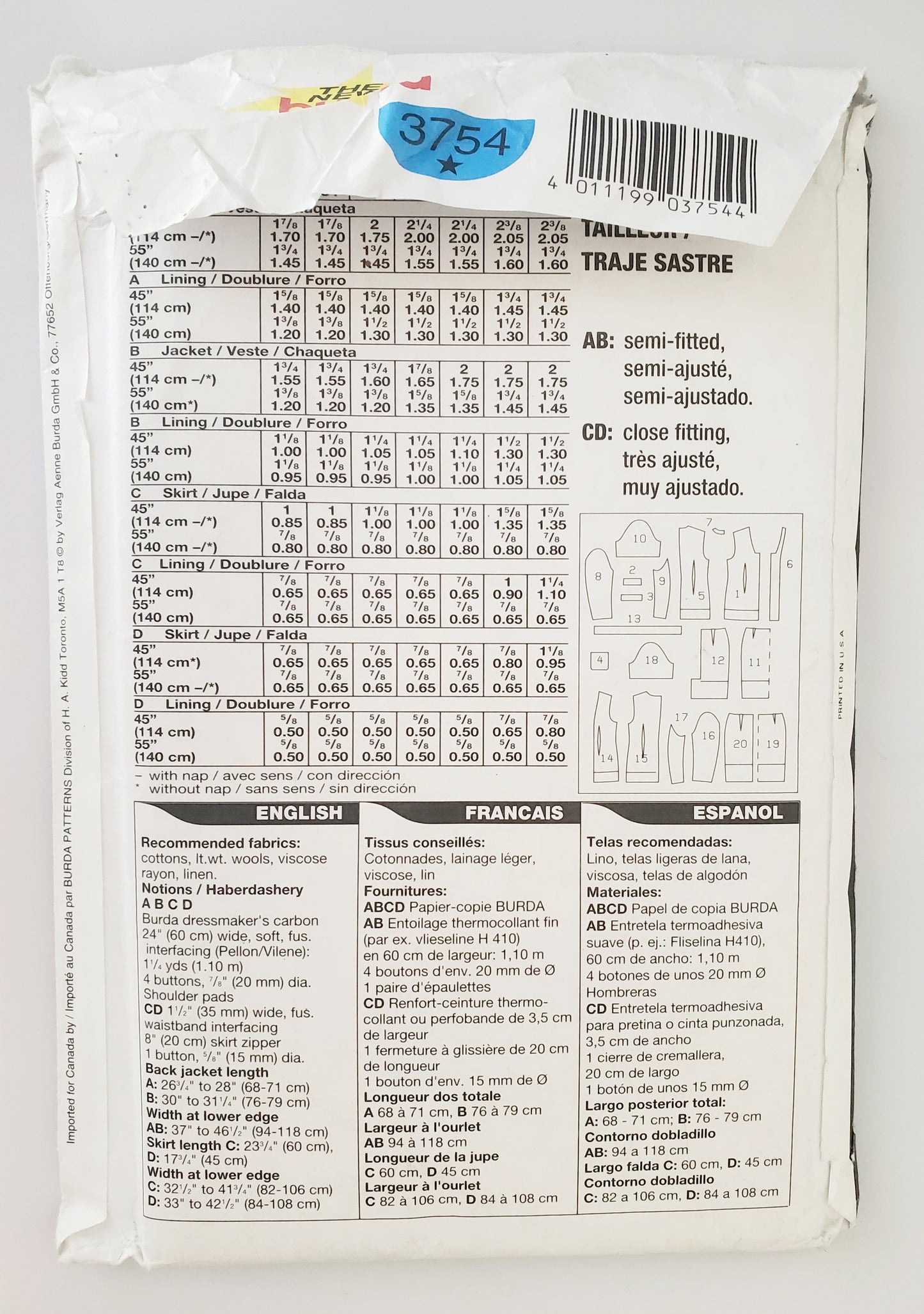 BURDA, Sewing Pattern 3754, Skirt, Jacket, Outfit, Size 6-18