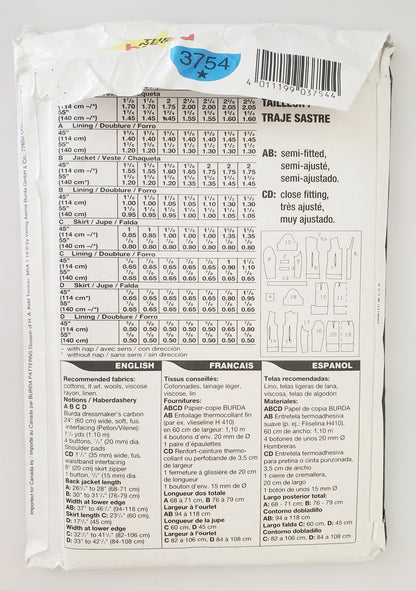 BURDA, Sewing Pattern 3754, Skirt, Jacket, Outfit, Size 6-18