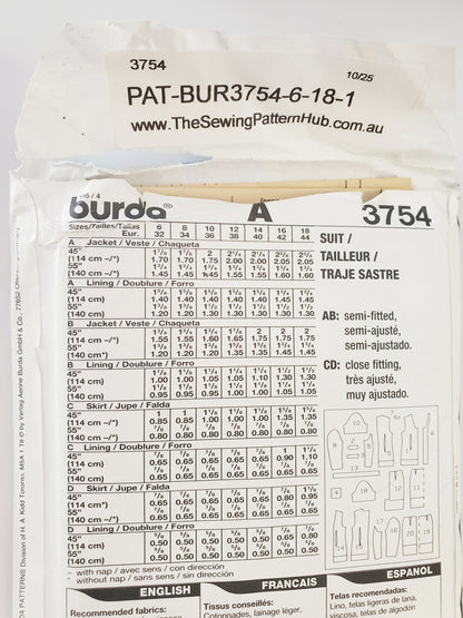 BURDA, Sewing Pattern 3754, Skirt, Jacket, Outfit, Size 6-18