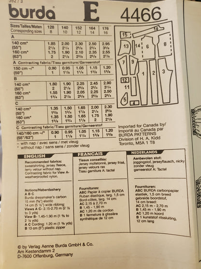 BURDA, Sewing Pattern 4466, Sweatshirts, Weatherproof Jackets, Kids, Junior, Teen Size 8-16