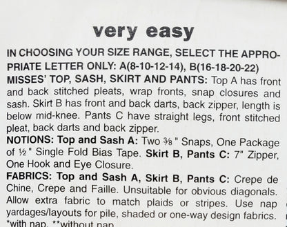 BUTTERICK Sewing Pattern B5310, Top, Skirt, Pants, Sash, Size 8-14