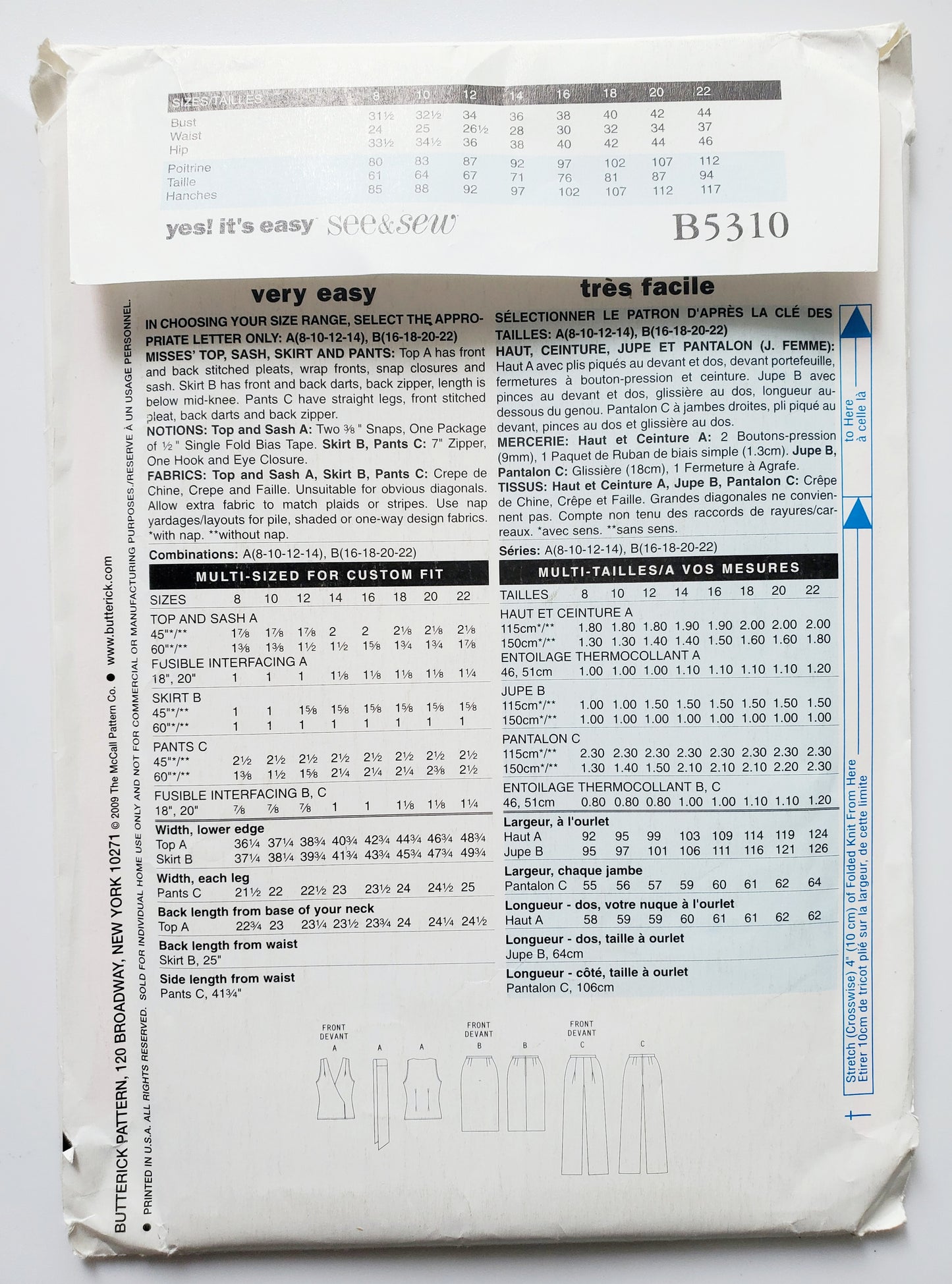 BUTTERICK Sewing Pattern B5310, Top, Skirt, Pants, Sash, Size 16-22