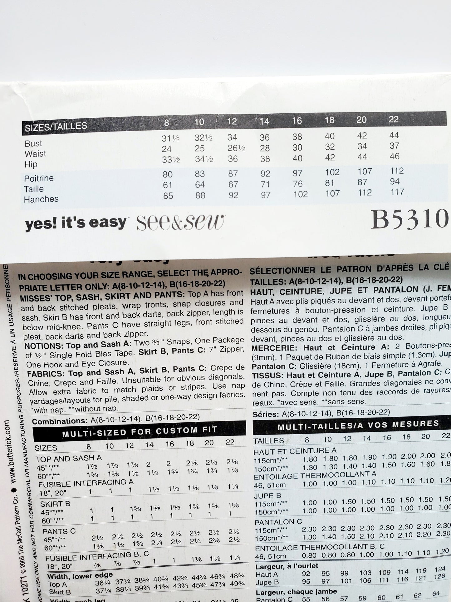 BUTTERICK Sewing Pattern B5310, Top, Skirt, Pants, Sash, Size 16-22