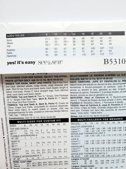 BUTTERICK Sewing Pattern B5310, Top, Skirt, Pants, Sash, Size 16-22