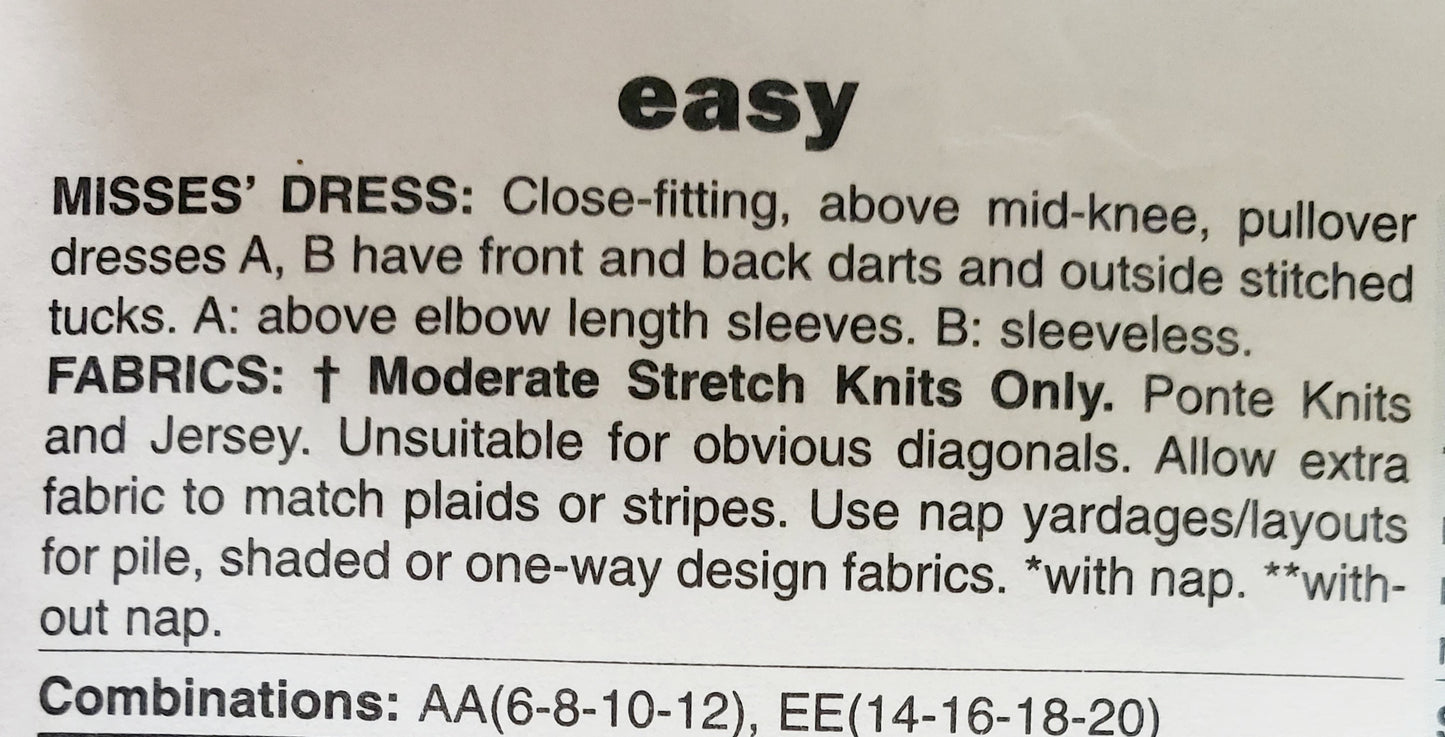 BUTTERICK Sewing Pattern B5559, Dress with Outside Stitched Tucks, Size 14-20