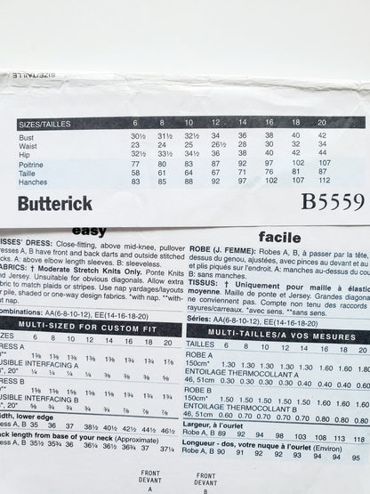 BUTTERICK Sewing Pattern B5559, Dress with Outside Stitched Tucks, Size 14-20
