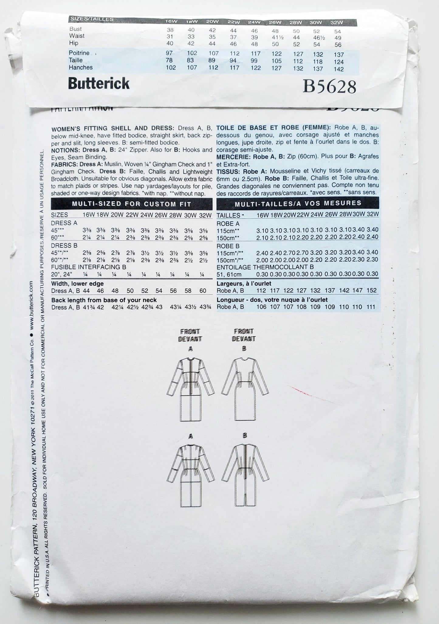 BUTTERICK Sewing Pattern B5628, Dress, Skirt, Fitting Shell, Size 22